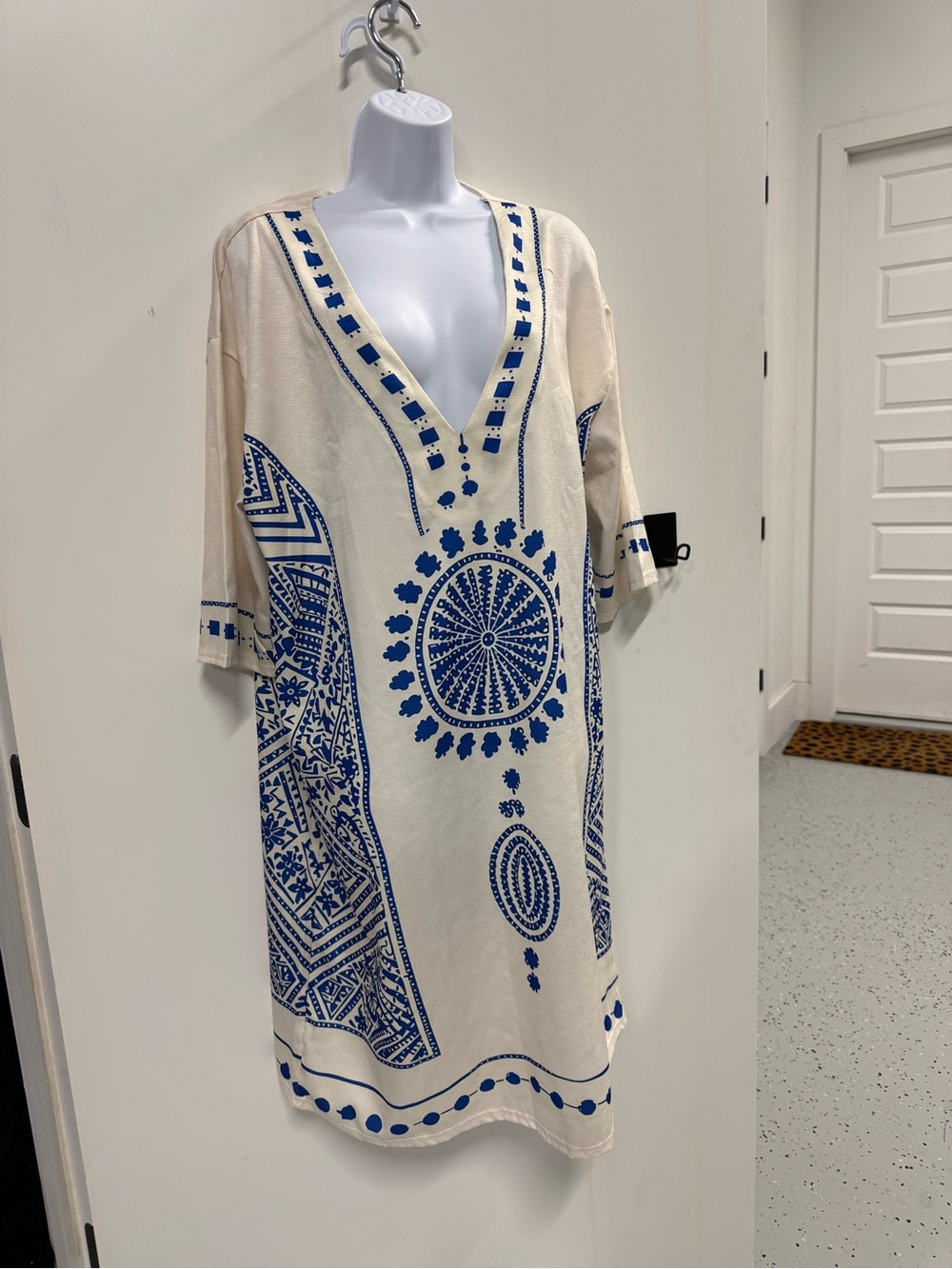 Women's Cream Swim Cover-Up with Blue Medallion Print